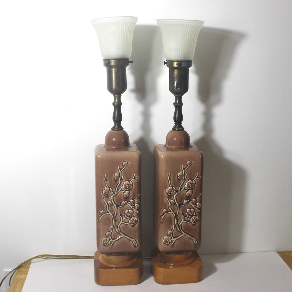 1940’s Rembrandt Chinoiserie Floral Ceramic Torchiere Lamps Brown Cherry Blossom